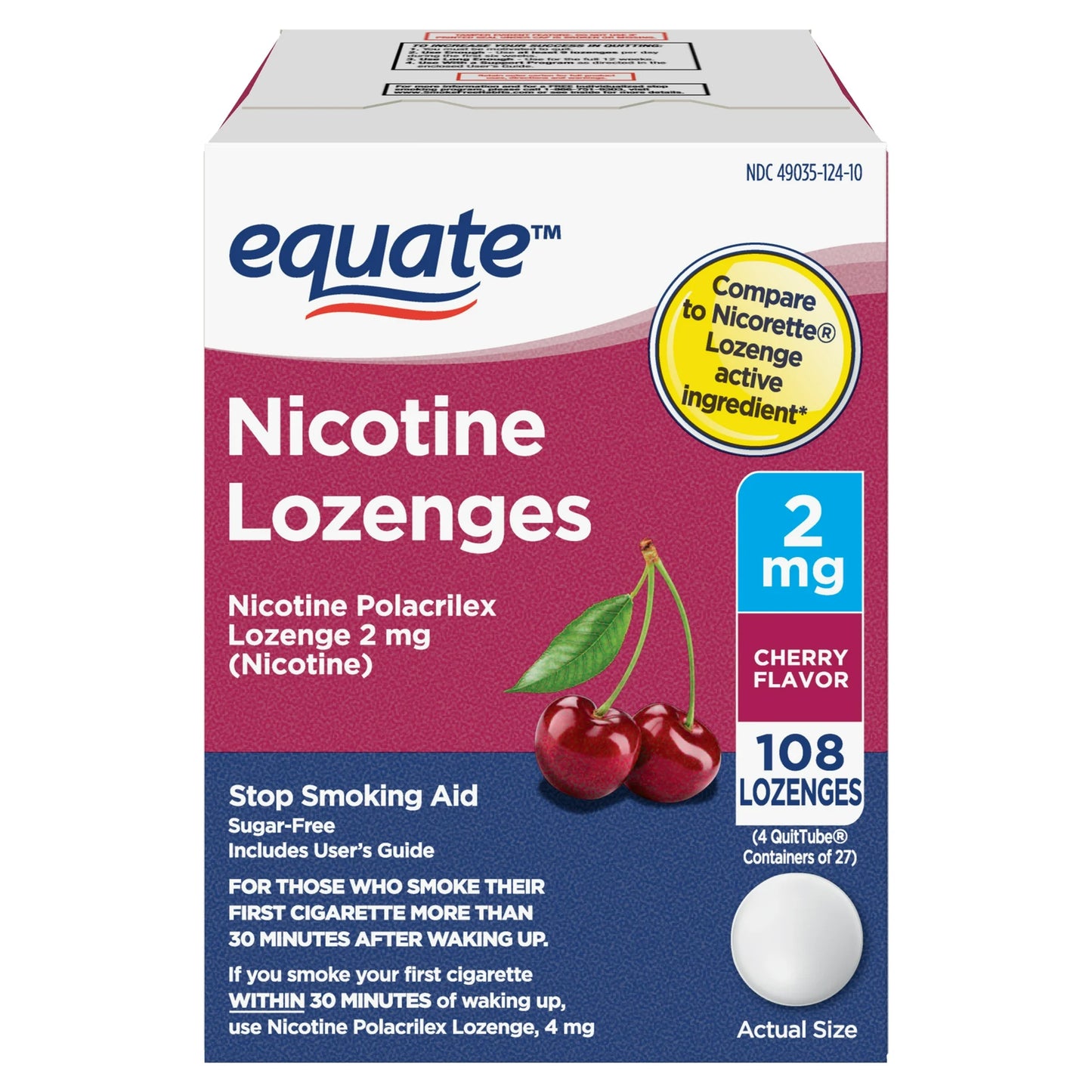 Equate Nicotine Lozenge 2 mg, Cherry Flavor, Stop Smoking Aid, 108 Count