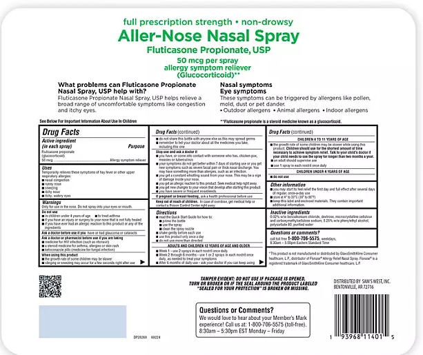Member's Mark Aller-Nose Fluticasone Propionate Nasal Spray, 50 mcg, 0.62 fl. oz., 6 ct.