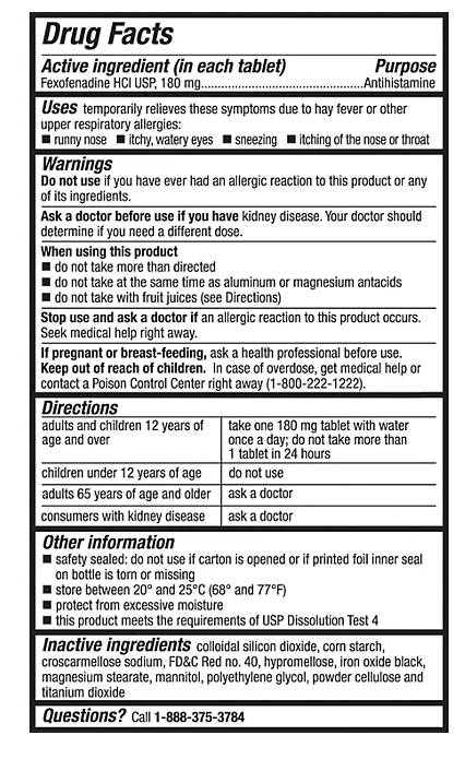 Member's Mark Allergy Relief Fexofenadine HCl Tablets USP, 180 mg, 150 ct.