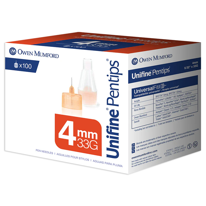Owen Mumford Unifine Pentips Pen Needles 4mm x 33g - BX 100