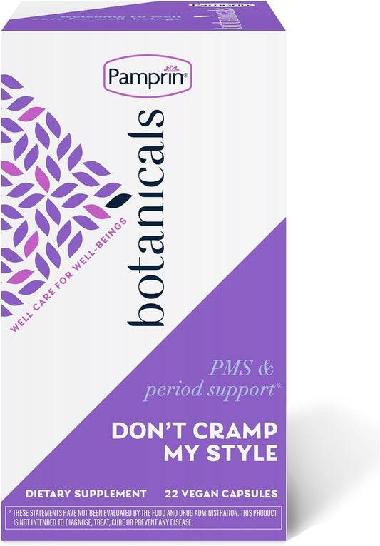 Pamprin Botanicals Supplement for PMS & Period Support, with Ashwagandha, Magnesium, Turmeric, Vitamin B6, Chasteberry, 22 Count