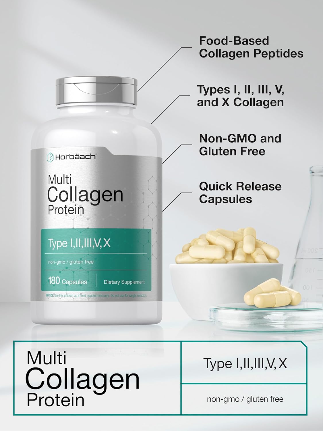 Horbäach Multi Collagen Protein 2000 mg | 180 Capsules | Hydrolyzed Collagen Type I, II, III, V, X | Keto & Paleo Friendly, Non-GMO, Gluten Free Supplement