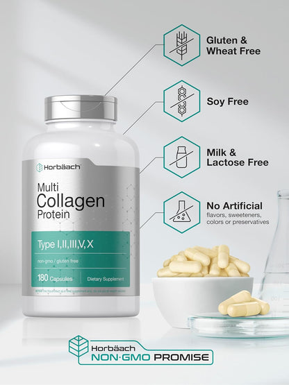 Horbäach Multi Collagen Protein 2000 mg | 180 Capsules | Hydrolyzed Collagen Type I, II, III, V, X | Keto & Paleo Friendly, Non-GMO, Gluten Free Supplement