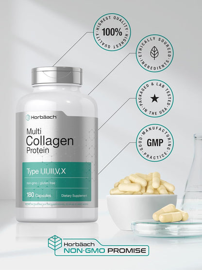 Horbäach Multi Collagen Protein 2000 mg | 180 Capsules | Hydrolyzed Collagen Type I, II, III, V, X | Keto & Paleo Friendly, Non-GMO, Gluten Free Supplement
