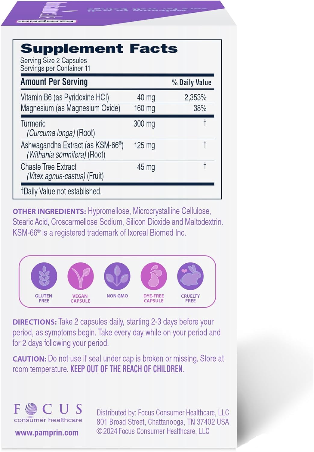 Pamprin Botanicals Supplement for PMS & Period Support, with Ashwagandha, Magnesium, Turmeric, Vitamin B6, Chasteberry, 22 Count