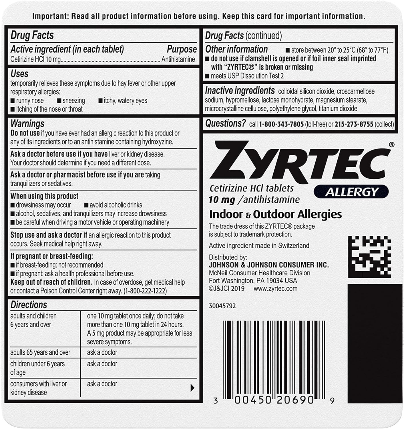Zyrtec 24 Hour Allergy Relief Tablets - 10mg, 90 ct