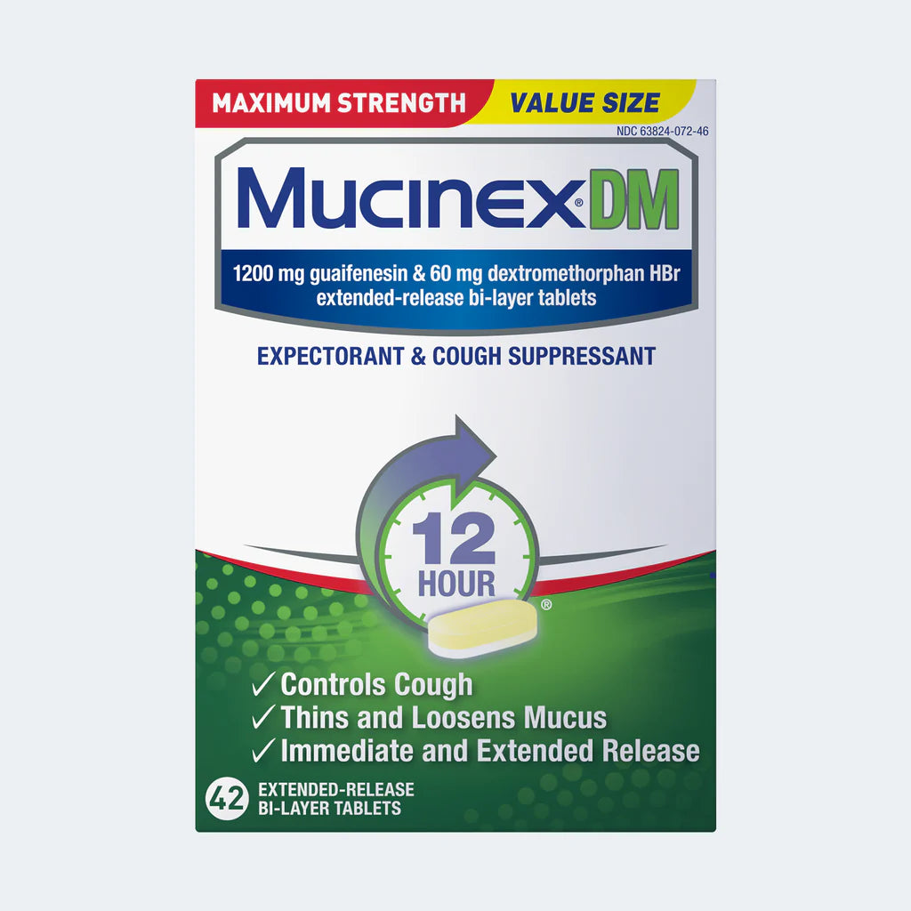 Controls cough, thins and loosens mucus for 12 hours. The extended-release bi-layer tablets last for 12 hours.