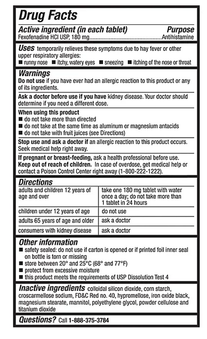 Member's Mark Allergy Relief Fexofenadine HCl Tablets USP, 180 mg, 150 ct.
