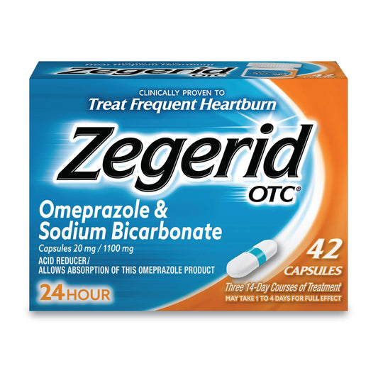 Zegerid OTC Heartburn Relief, (42 Count) 24 Hour Stomach Acid Reducer Proton Pump Inhibitor, Omeprazole & Sodium Bicarbonate